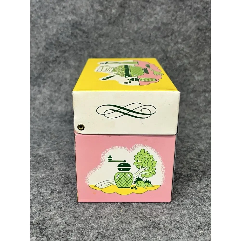 Vintage 1950s Ohio Art Metal Recipe Box Tin Litho Pink Yellow Retro Mid Century